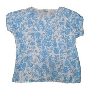 Bellambia Women’s Blouse M Blue White Floral Print 100% Linen‎ Coastal Resort